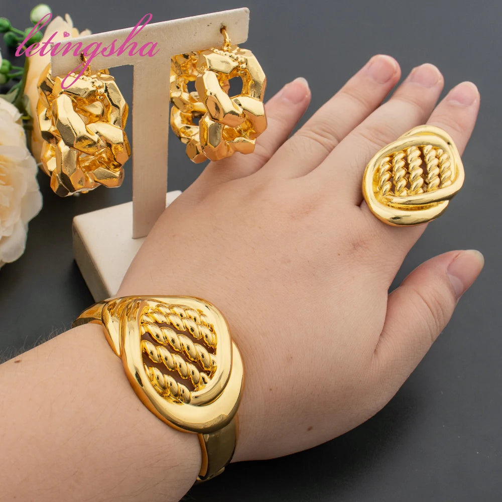 Fashion Jewelry Set for Women Large Hoop Earrings and Bangle Ring Weddings Bride Trendy Bracelet and Earrings Jewelry Set