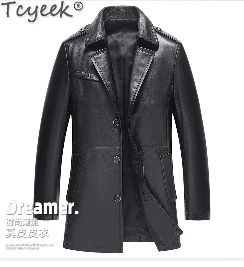Tcyeek Real Cowhide Genuine Leather Man Jackets Mid-length Trench Coat Spring Autumn Suit Jacket Men Clothing Jaqueta De Couro