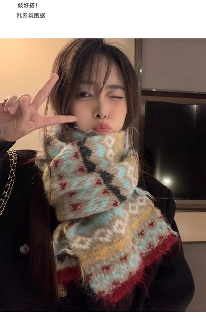 Women's Winter Scarf Sweet Style Warm Scarf Knitted Wool Scarf  Winter High End Retro Thickened Warm Woolen Scarf Fashion Scarf