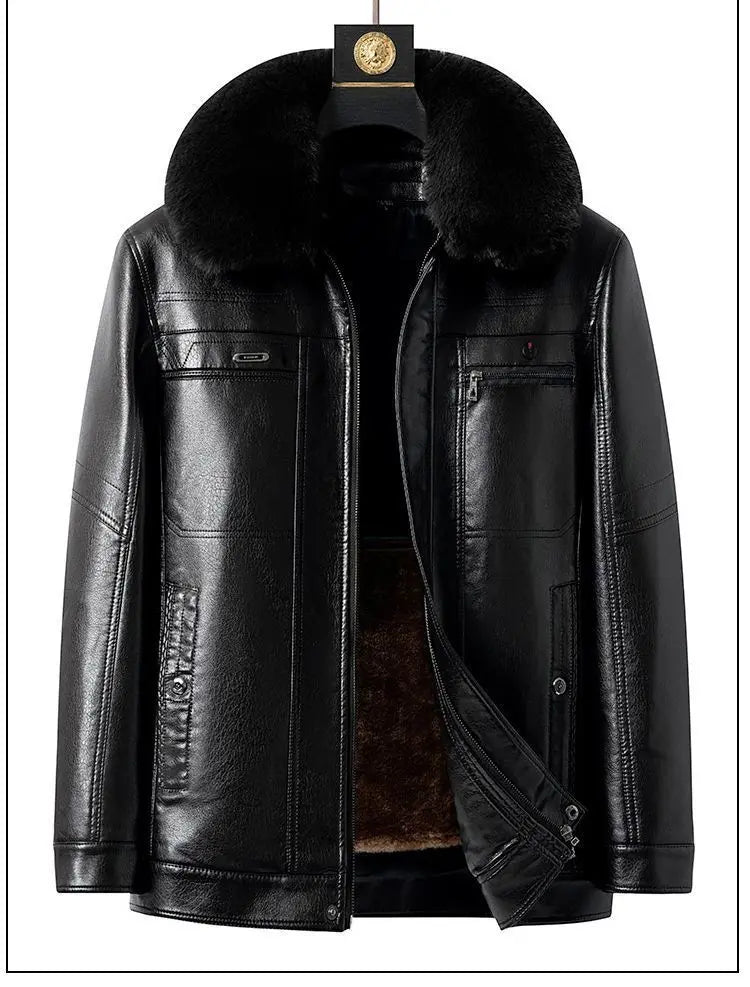 Natural Leather Jacket For Men Fur Thick Loose Plus Velvet Winter Black Leather Coats Male Sheepskin Coat Man With Fur Collar