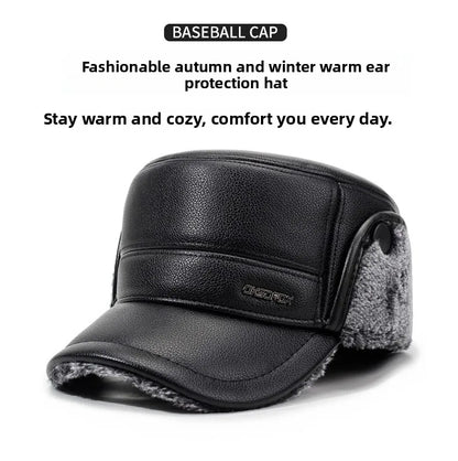 Mens Leather Flat Top Baseball Cap Warm Ear Hat for Elderly in Autumn Winter Thickened Fleece-lined Cold Cap