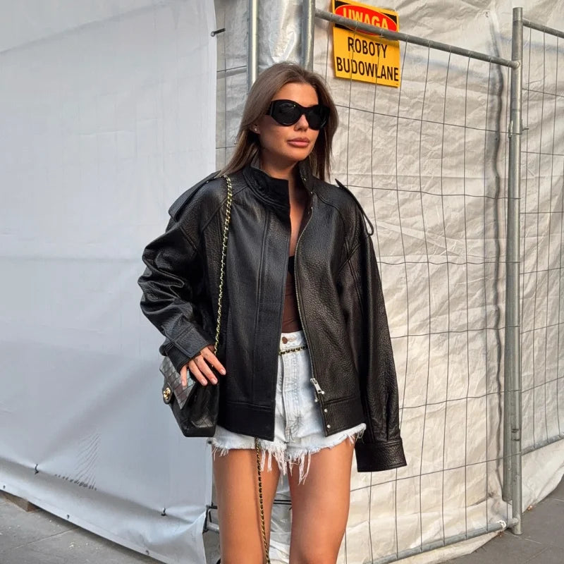 Chic Fashion Pu Leather Jackets Loose Female Short Outerwear Trend Casual High-quality Coats Vintage Motorcycle Fall Street Wear