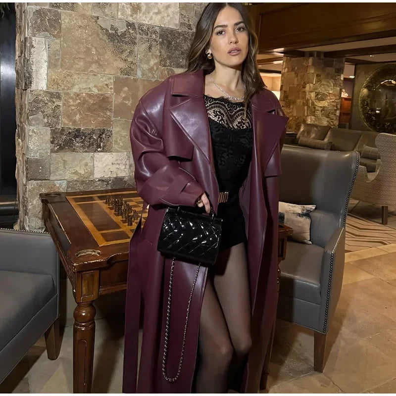 Fashion PU Leather Long Overcoats With Belt Women Luxury Lapel Button Oversize Jackets Female 2025 Autumn High Street Outerwear
