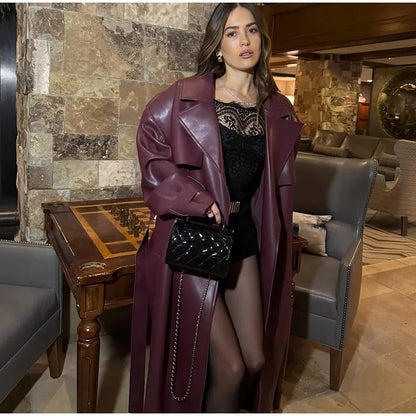 Fashion PU Leather Long Overcoats With Belt Women Luxury Lapel Button Oversize Jackets Female 2025 Autumn High Street Outerwear