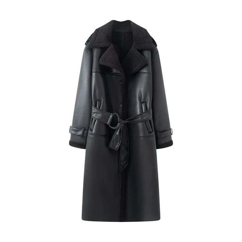 Women's Coat 2025 Autumn New Style Black Long-Sleeve Leather and Fur Integrated Coat with Belt High-End Outerwear Elegant
