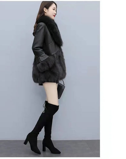 Chic Leather Jacket Women's Overcoat 2024 Autumn Winter New Faux Fox Fur Mid-Length PU Leather Stitching Thick Warm Coat Outwear