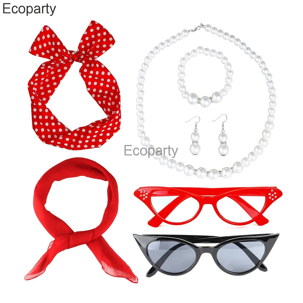 1950's Costume Accessories For Women Retro Polka Dot Headband Necklace Chiffon Scarf Eyeglasses Earrings Set Girls Party Outfits
