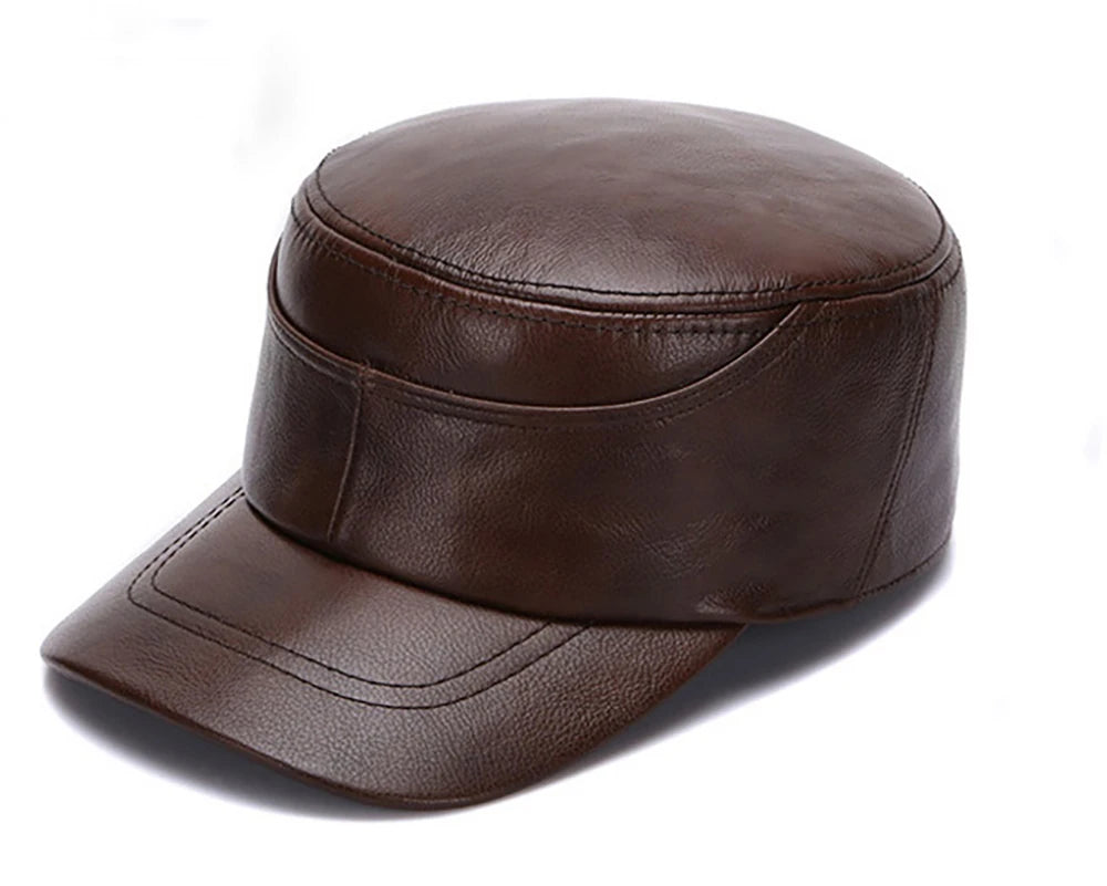 New Real Cow Leather Flat Cap Earflap Cap Men Real Leather Hats Fall Winter male 100% Genuine Real Cowhide Leather Military Caps