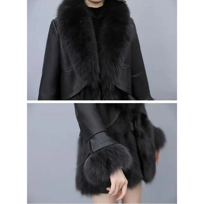 Chic Leather Jacket Women's Overcoat 2024 Autumn Winter New Faux Fox Fur Mid-Length PU Leather Stitching Thick Warm Coat Outwear