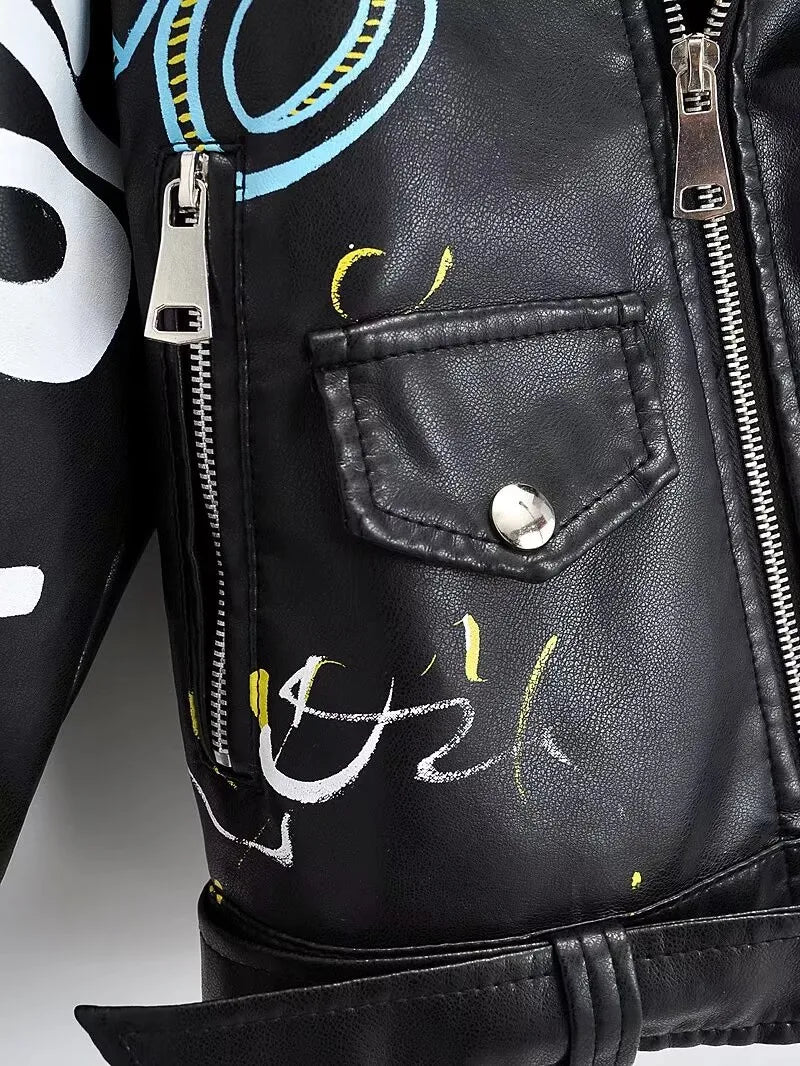 Fashion Brand Coat PU Leather Jacket Women Colorful Print Graffiti Soft Punk Coats Slim Locomotive Cropped Jacket Leather Top 1