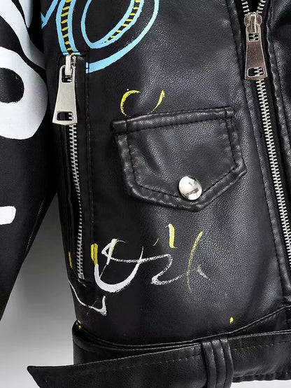 Fashion Brand Coat PU Leather Jacket Women Colorful Print Graffiti Soft Punk Coats Slim Locomotive Cropped Jacket Leather Top 1