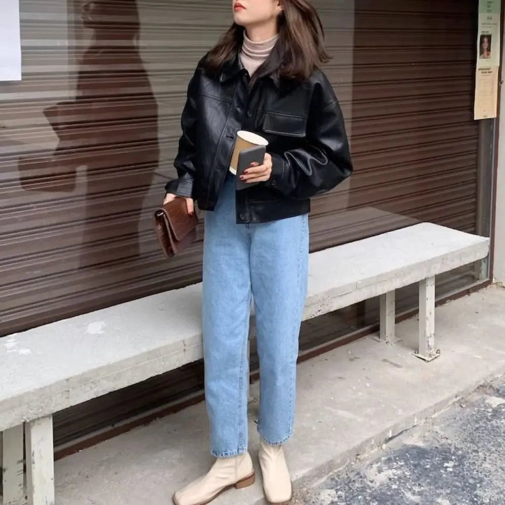 Sweet Lapel Collar Leather Jacket Women Outerwear Korean Chic Vintage PU Coats Retro Windbreaker Jackets Streetwear