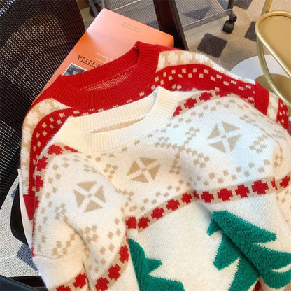 Sweet Christmas Tree Red Sweater Women Long Sleeve O Neck Cute Knit Pullover Harajuku Y2K Preppy Style Casual Lazy Jumper