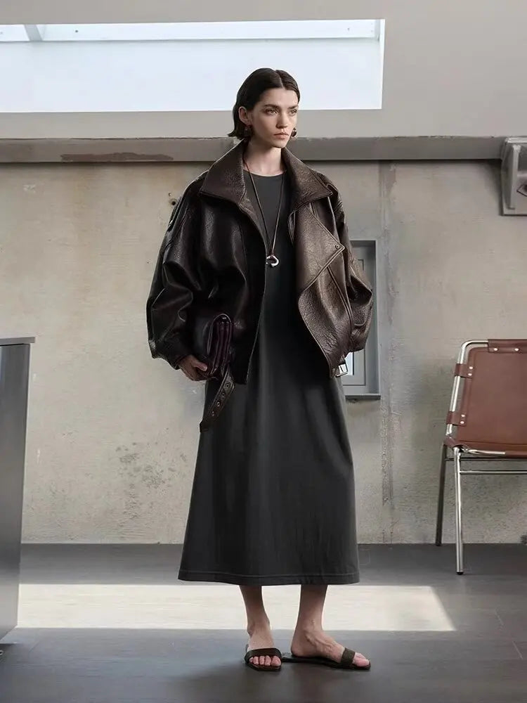 Faux Pu Leather Coats Women Solid Jackets Belt Zipper Turn Down Collar Long Sleeves Loose Casual Streetwear 2025 Spring Autumn