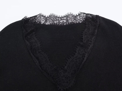 2025 Winter New Women's Sweet and Alluring Fashion V-neck Lace-trimmed Loose Long-sleeved Knit Sweater