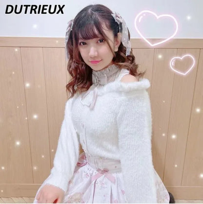Sweet Lolita Winter Clothes Women Off Shoulder Sweater Pullover Student Elegant Long Sleeve Knitwear Bow Lace Waist Slim Sweater