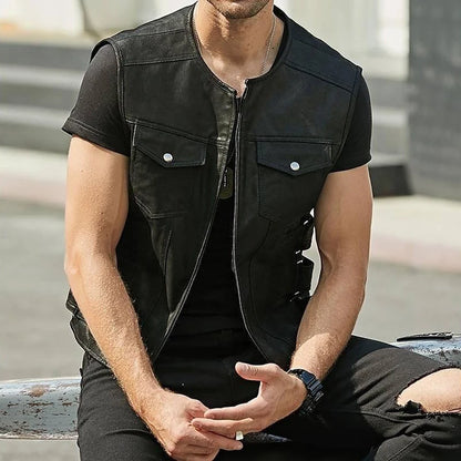 Leather Vest Jacket Men's Motorcycle Style Zipper Slim Sleeveless PU Coats Streetwear Men Clothing Fashion Cycling Short Jackets