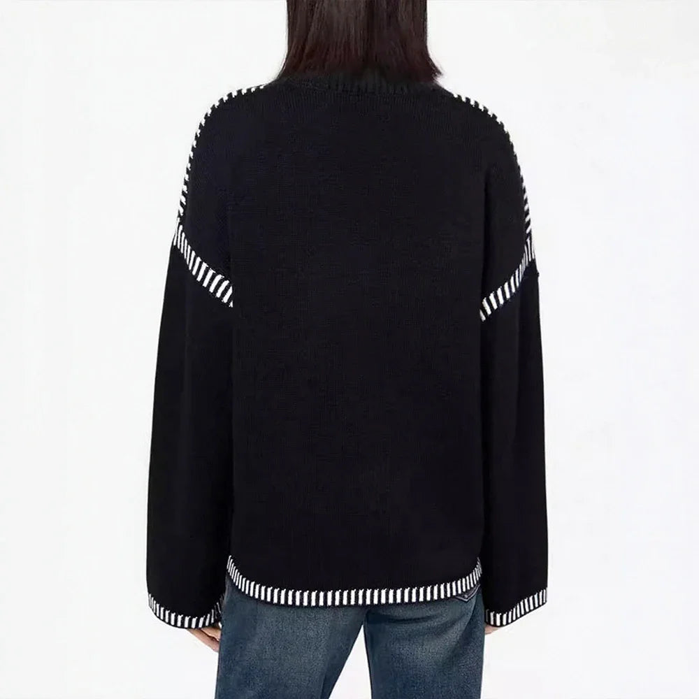 Women's Sweaters Autumn Winter 2025 Comfortable Daily Dark Stripe Design Long Sleeve Round Neck Relaxed Fit Top