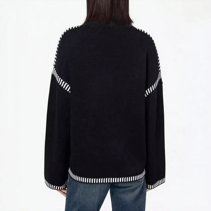 Women's Sweaters Autumn Winter 2025 Comfortable Daily Dark Stripe Design Long Sleeve Round Neck Relaxed Fit Top