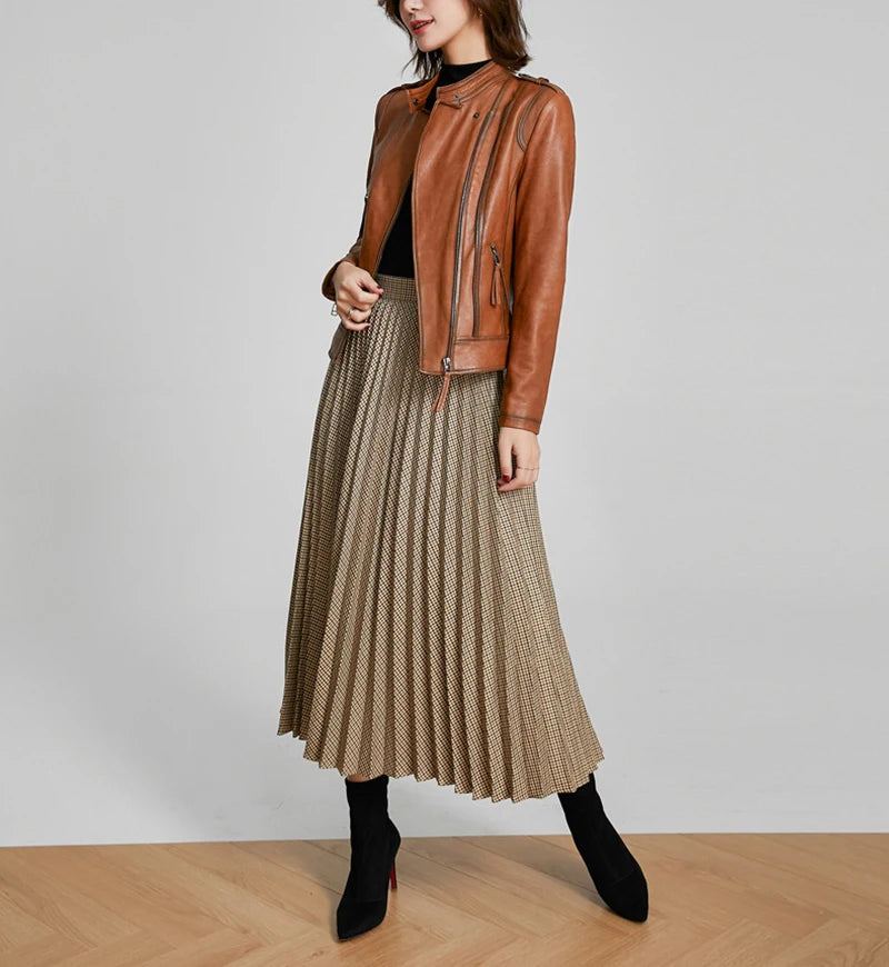 Leather Coat Women Short All-match European Fashion Biker Genuine Sheepskin Black Jackets Zipper Pocket Jaqueta Couro Feminina