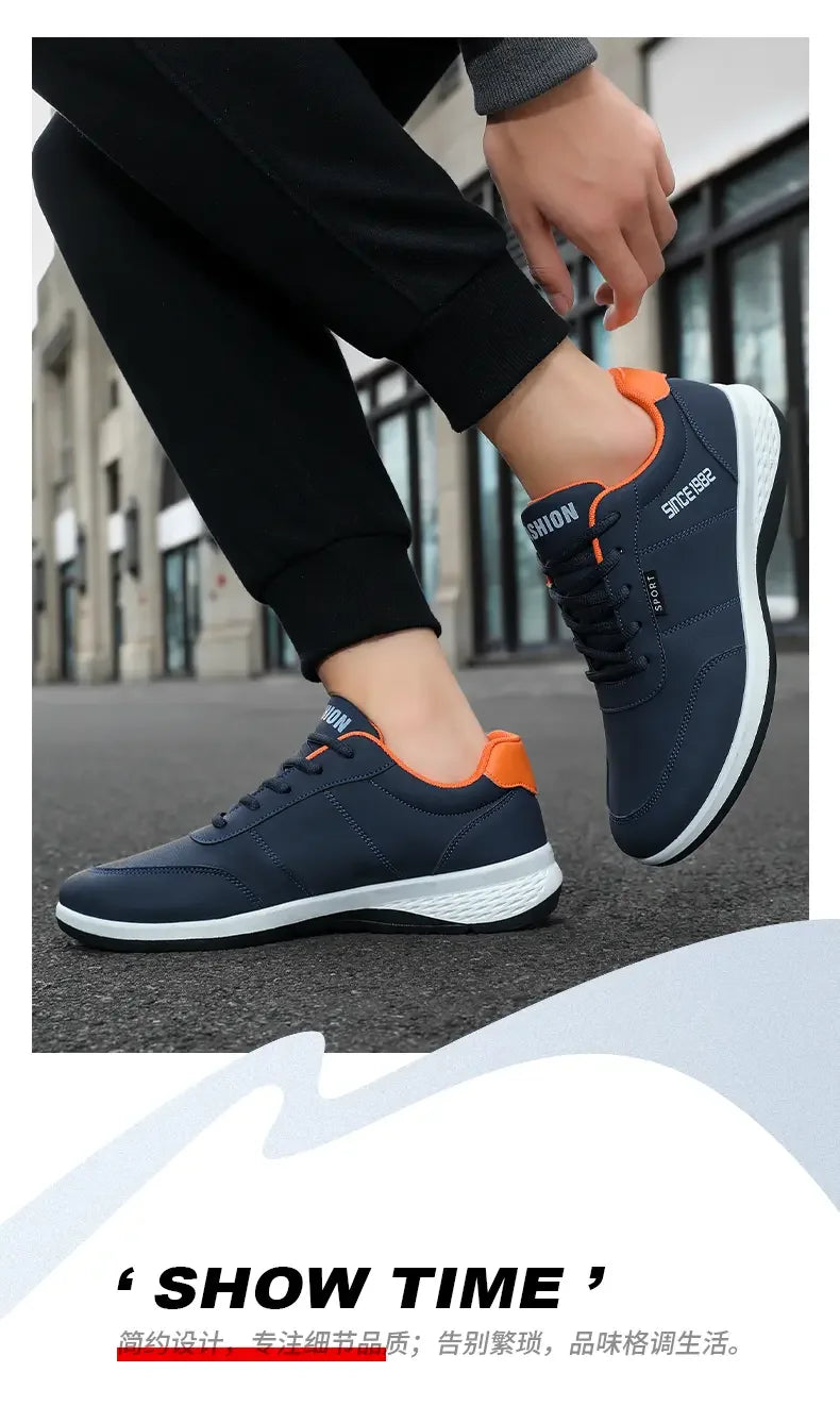 Artificial Leather Men's Casual Shoes Spring Men's Casual Lightweight Sports Shoes Lace Up Flat Shoes Breathable Outdoor Jogging