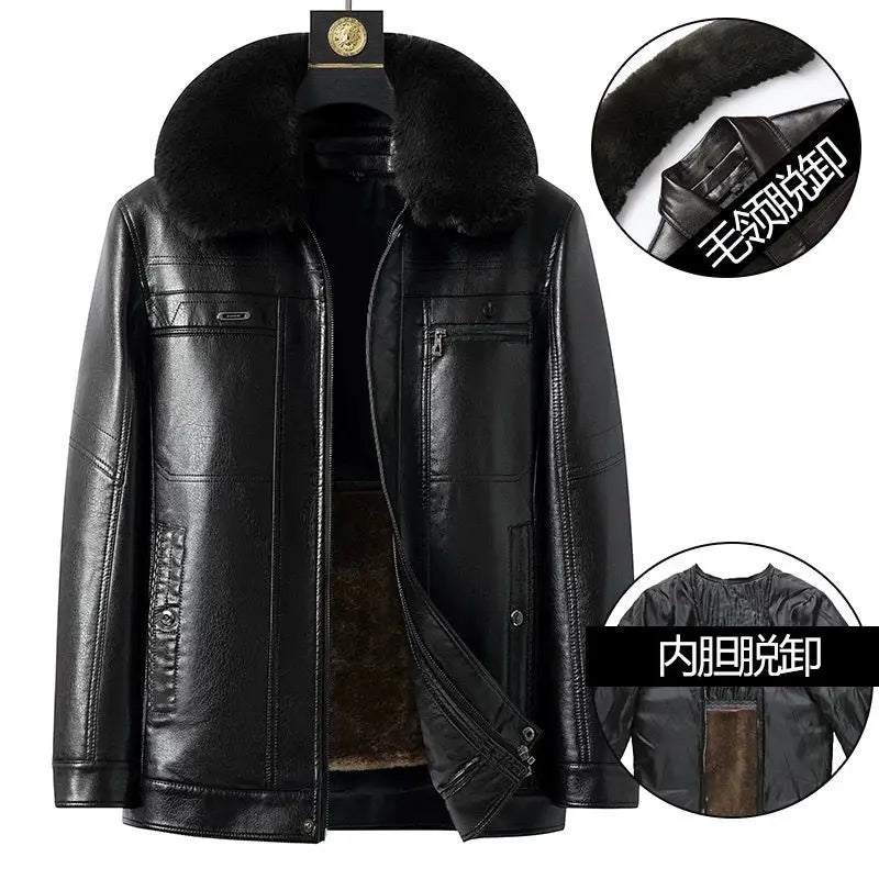 Natural Leather Jacket For Men Fur Thick Loose Plus Velvet Winter Black Leather Coats Male Sheepskin Coat Man With Fur Collar