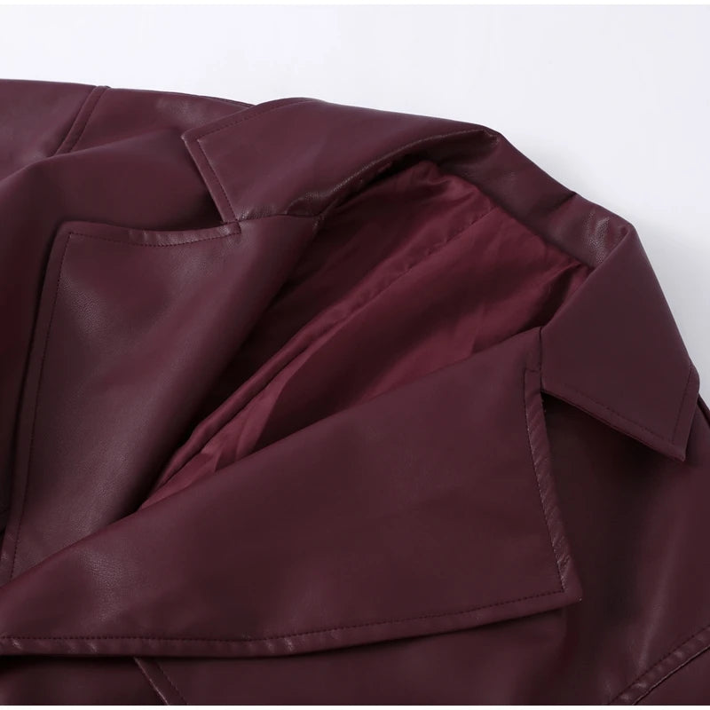 Fashion PU Leather Long Overcoats With Belt Women Luxury Lapel Button Oversize Jackets Female 2025 Autumn High Street Outerwear