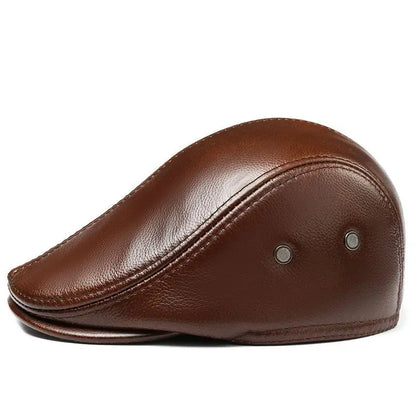 Men's Genuine Leather Hat Vintage Classic Thicker Warm Cowhide Leather Berets With Ears Snapback Cap Fashion Cap Gifts for Dad