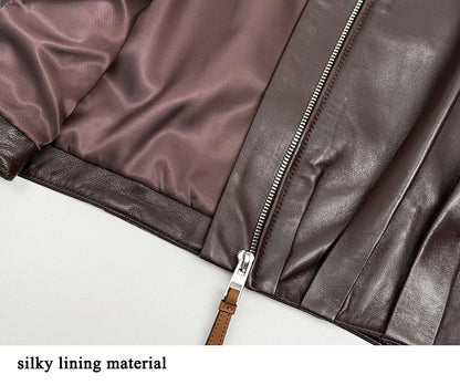 Natural Leather jacket For Women Lambskin Bomber Biker Jacket Long Sleeves 100% Sheepskin Leather Coat  Folded Short Tops Woman