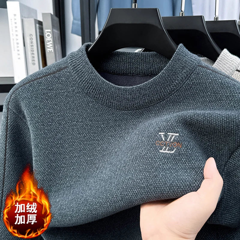 Winter 2025 Men's Sweater with Fleece and Mink Fur for Middle-aged Warmth, Integrated Fleece Base, Embroidered Round Neck Top