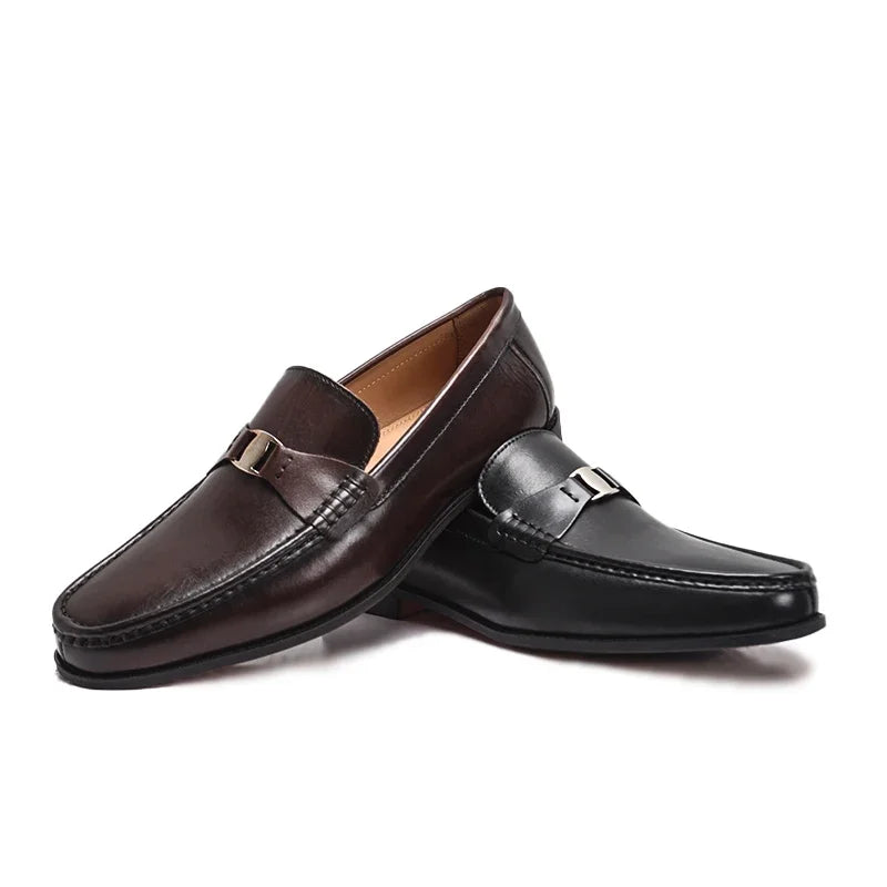 Men's Genuine Leather Non-Slip Flat Loafers Handmade Metal Buckle Glossy Pointed Banquet Wedding Party Formal Shoes