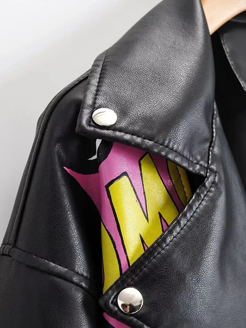 Fashion Brand Coat PU Leather Jacket Women Colorful Print Graffiti Soft Punk Coats Slim Locomotive Cropped Jacket Leather Top 1