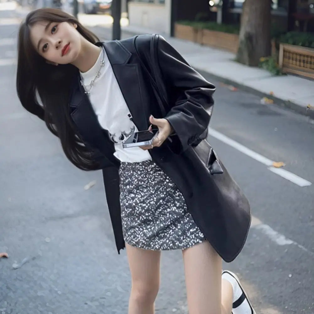 Fashion Lapel Collar Leather Jacket Women Outerwear Korean Chic Vintage PU Coats Loose Retro Suit Leather Jacket Autumn/Winter