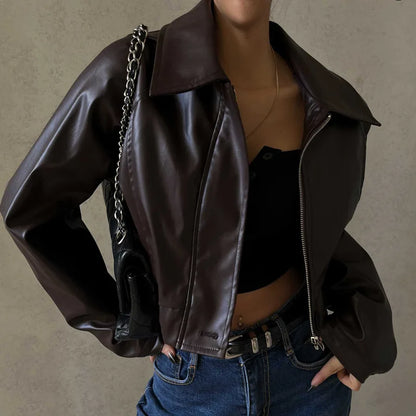 2025 Fashion Faux Leather Jacket Aesthetic Fashion Streetwear Turn-down Collar Coat Women Autumn Casual Simple Long Sleeve Coats