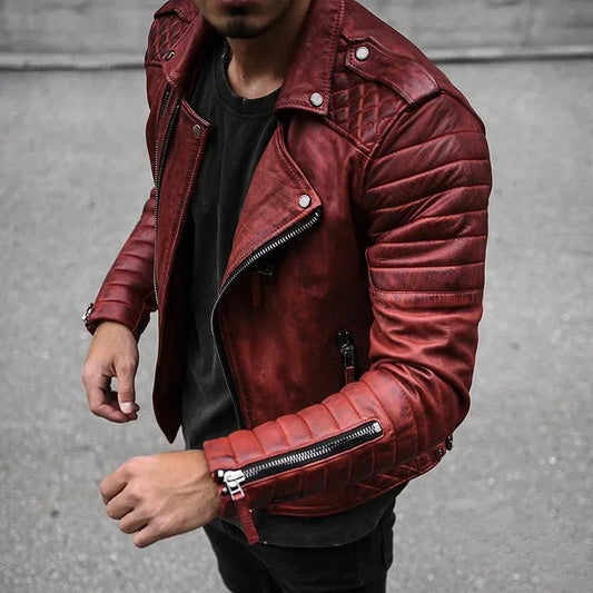 Leather Coat Men Spring Autumn Fashion Slim Lapel Locomotive Men Leather Jacket Solid Color Long Sleeve PU Brown Leather Jacket