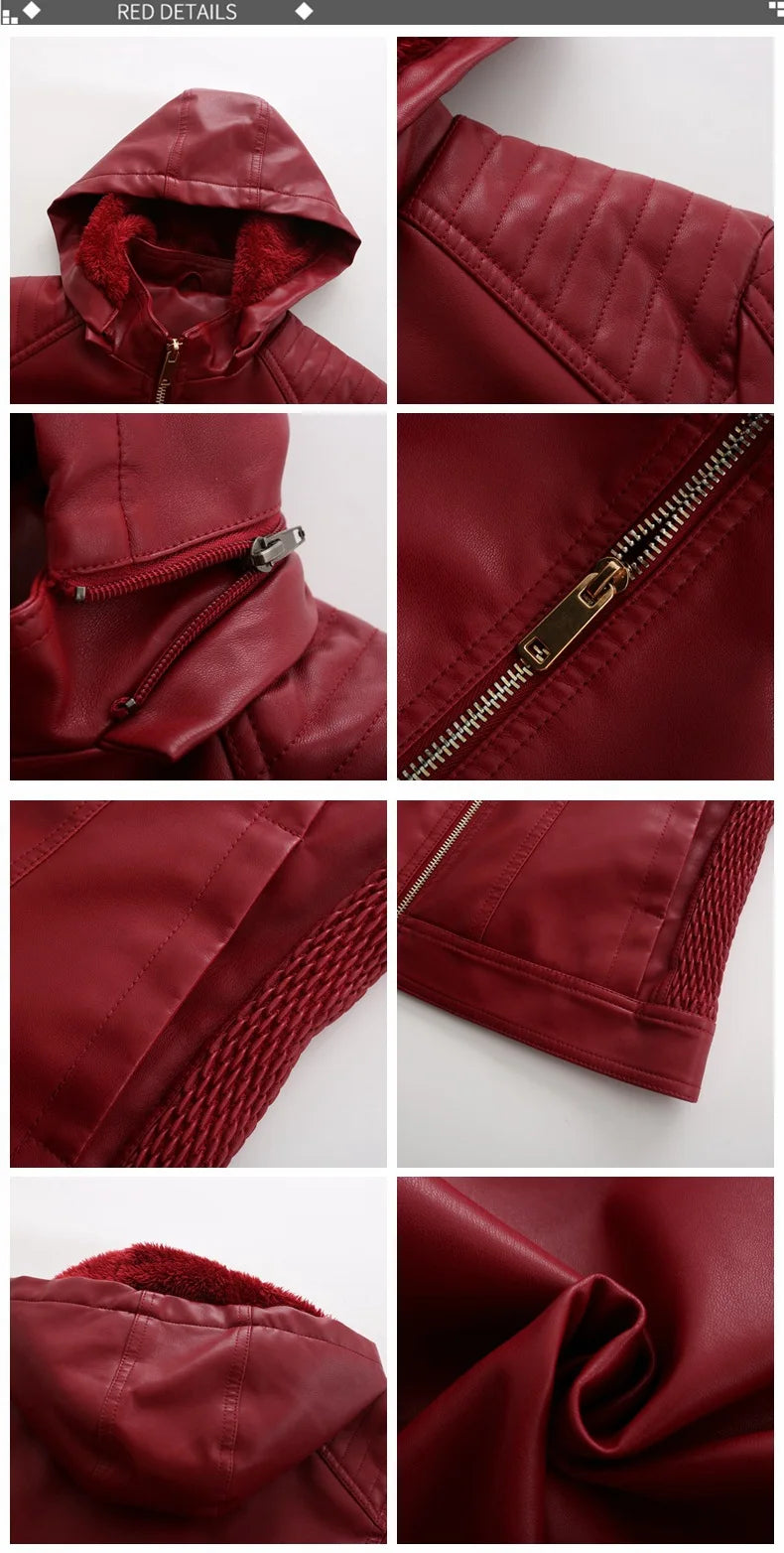 Faux Leather Women Coat Hooded Full Sleeve Slim Fit Solid Sexy Regular Jackets Zipper Casual Splice Coats Thick Warm Jacket