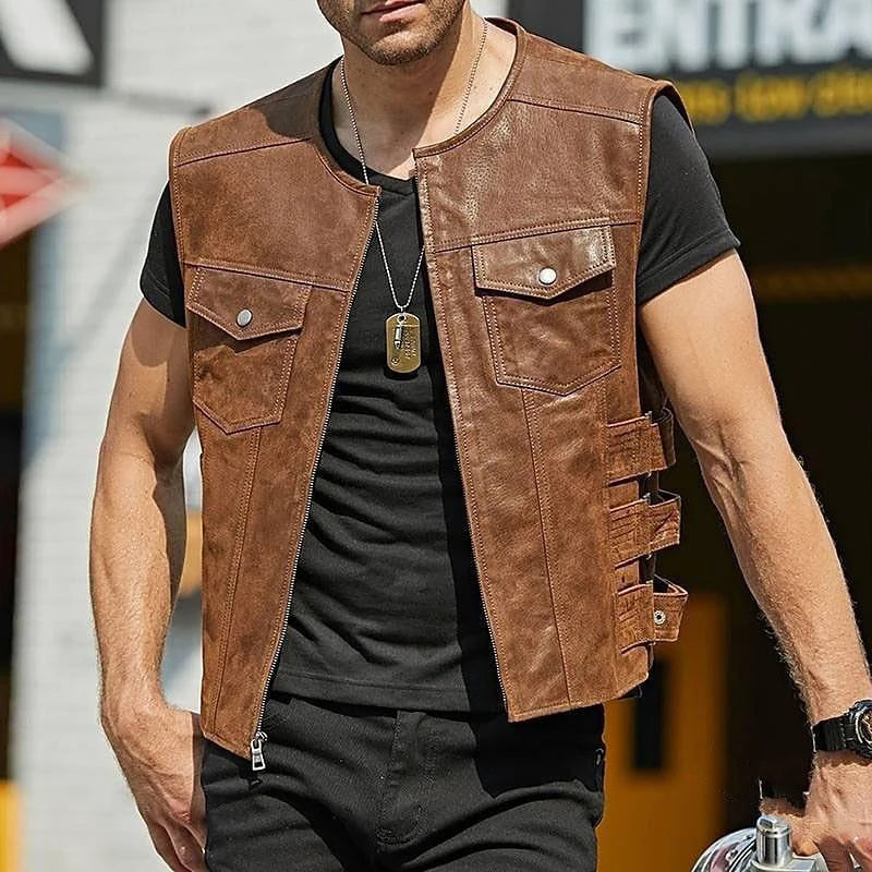 Leather Vest Jacket Men's Motorcycle Style Zipper Slim Sleeveless PU Coats Streetwear Men Clothing Fashion Cycling Short Jackets