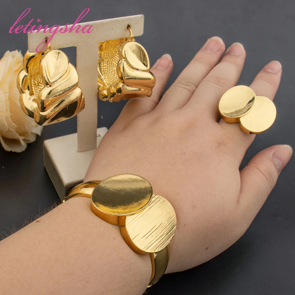 Fashion Jewelry Set for Women Large Hoop Earrings and Bangle Ring Weddings Bride Trendy Bracelet and Earrings Jewelry Set