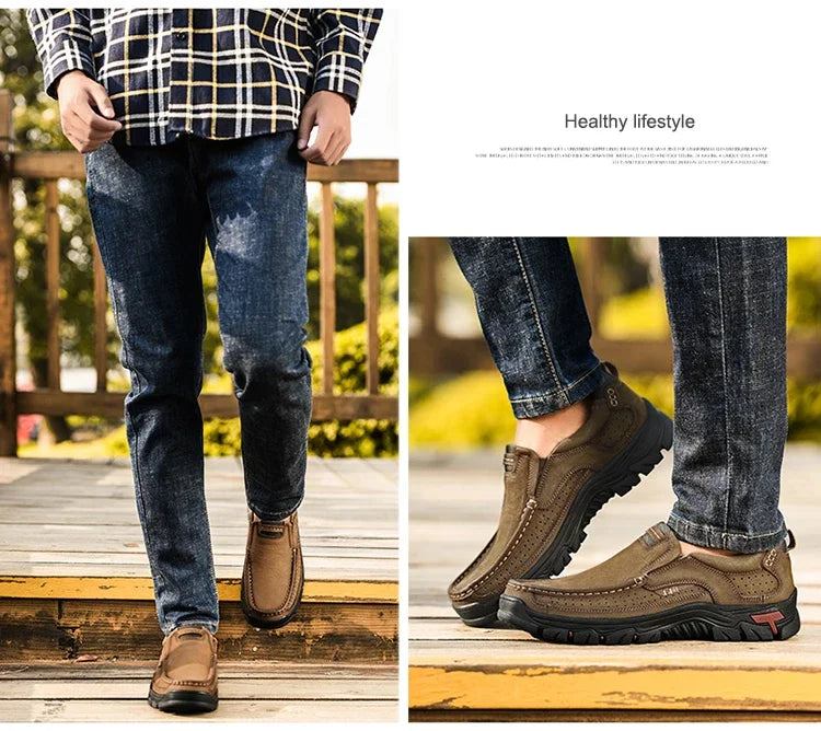 Handmade Leather Men Shoes Casual Outdoor Slip On Loafers Men Leather Shoes Flats Moccasins Walking Shoes Non-Slip Dropshipping