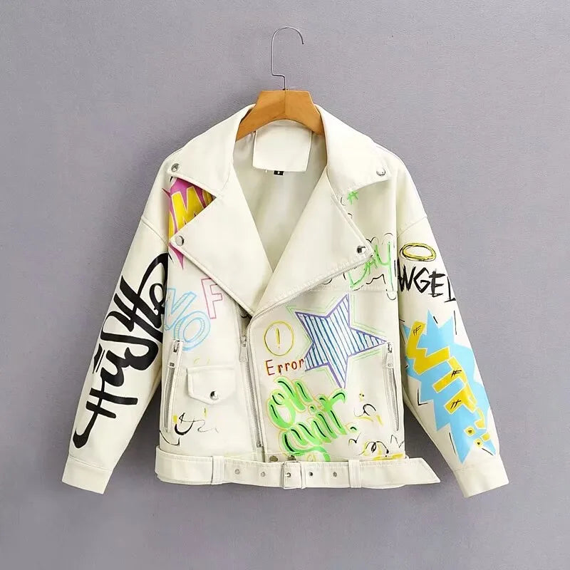 Fashion Brand Coat PU Leather Jacket Women Colorful Print Graffiti Soft Punk Coats Slim Locomotive Cropped Jacket Leather Top 1