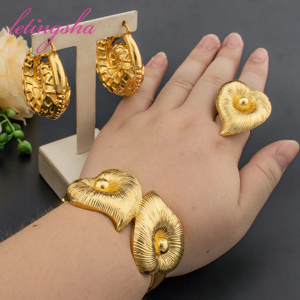 Fashion Jewelry Set for Women Large Hoop Earrings and Bangle Ring Weddings Bride Trendy Bracelet and Earrings Jewelry Set