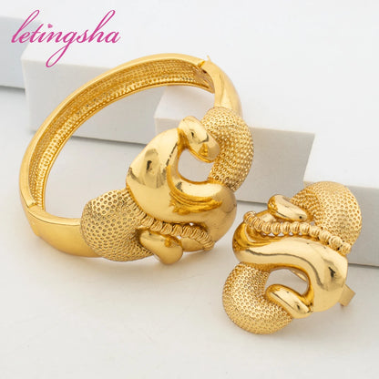Fashion Jewelry Set for Women Large Hoop Earrings and Bangle Ring Weddings Bride Trendy Bracelet and Earrings Jewelry Set