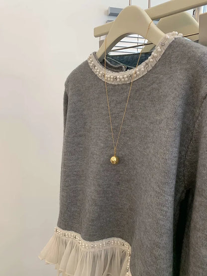 New Winter Sweet Loose Beaded Ruffled Pink Sweater for Women Fashion Versatile Casual and Elegant Knitted Sweater