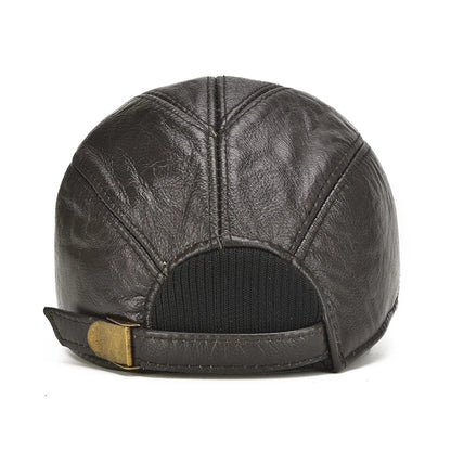 Hot Sale Casual Real Leather Earflap Cap Men's Real Cowhide Leather Caps Male Fall Winter Genuine Real Cow Leather Baseball Hats
