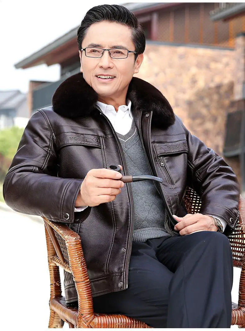 Natural Leather Jacket For Men Fur Thick Loose Plus Velvet Winter Black Leather Coats Male Sheepskin Coat Man With Fur Collar