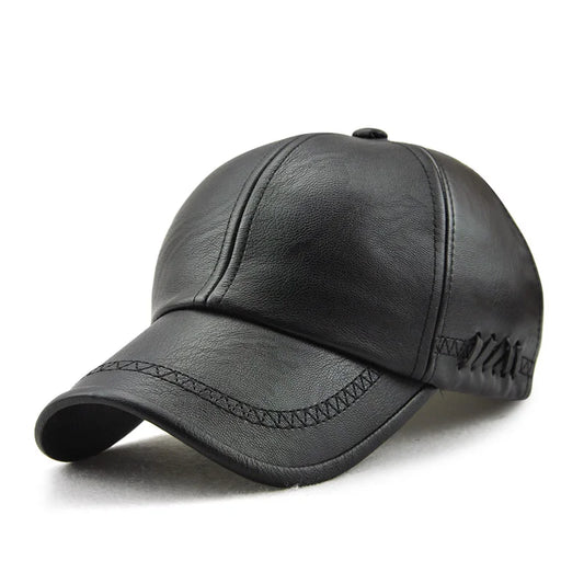 PU Leather Baseball Cap For Men Fall Winter Faux Leather Dad Hat Middle-aged Snapback Solid Black Color Adjustable gorras hombre