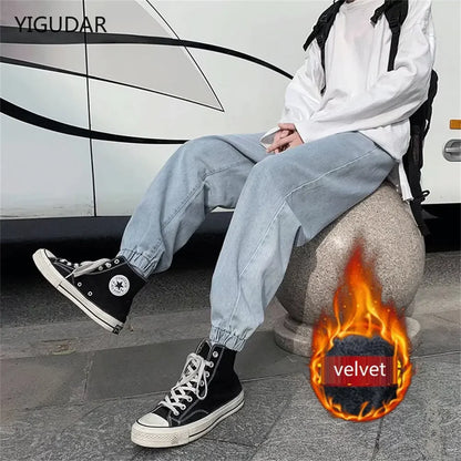 Winter Jeans Men Warm Joggers Jeans Harem Pants Thickdenim Pants men sweatpants elastic jean for men pants male jeans