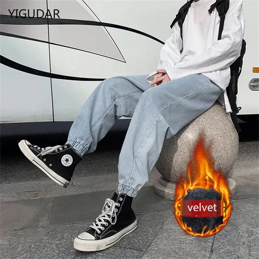 Winter Jeans Men Warm Joggers Jeans Harem Pants Thickdenim Pants men sweatpants elastic jean for men pants male jeans