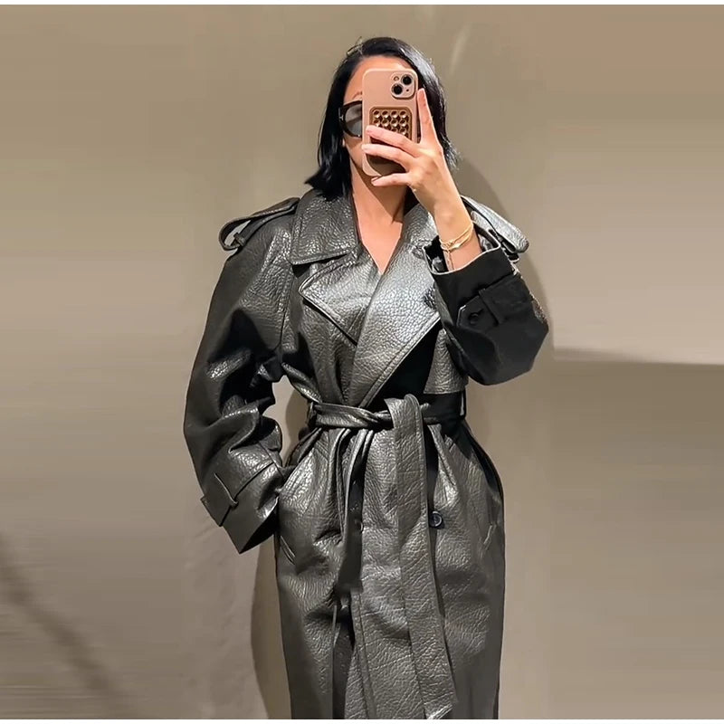 Elegant Women's Double Breasted Long Leather Coat With Belt Lapel Full Sleeve Pockets Jacket 2025 Autumn Winter Lady Outwear New