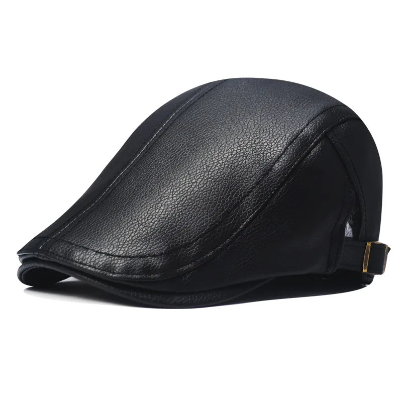 Leather Cap  Men's Imitation Sheepskin Beret  Leather Hat The Elderly Forward Hat  Artificial Leather Hat Literary and Retro